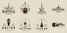 Set Of Guitar Logo Vintage Vector Illustration Template Icon Graphic Design. Bundle Collection Of Acoustic And Electric Music Instrument Sign Or Symbol For Guitarist Band Or Shop Business