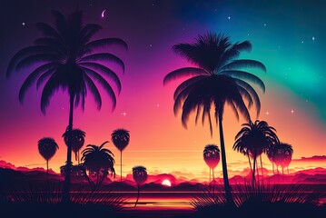 Wall Mural - Palm palms in the night, with a neon sunset and stars in the background. Sunset silhouette of coconut palms on a tropical beach. The music has a classic sound. AI