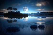 Moonlight Illuminates Waterscape At Night. Generative AI