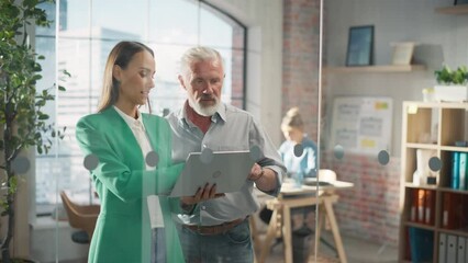 Leinwandbilder - CEO and Chief Executive Talking About Company Business Growth, Consult Data Analysis and Use Laptop Computer. Two Professionals Discussing Revenue Increase, Market Disruption, Planning Strategy
