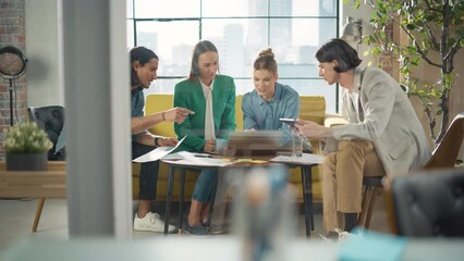 Poster - Multiethnic Group of People Use Tablet, Laptop and Statistics Data to Discuss Work in Office Conference Meeting Room. Diverse Colleagues Solving Problems, Teamwork leads to Great Results