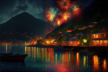 Wall Mural - New year's fireworks in Dominica, generative ai