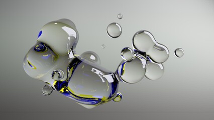 Poster - 3d rendering of many water droplets in zero gravity that merge with each other. Abstract 3d image for compositions.