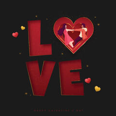 Sticker - Paper Cut Love Text With Romantic Couple Dancing On Black And Red Lights Effect Background For Happy Valentine's Day Concept.