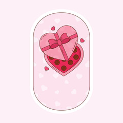 Sticker - Open Gift Heart Shape Chocolate Box On Oval Pink Background.