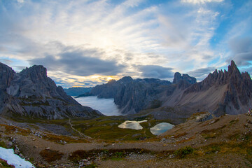 Tre Cime di Lavaredo Locatelli refuge (Three Peaks of Lavaredo or Drei Zinnen) national park summer landscape.