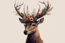 Beautiful Deer With Antlers And Flower Crown. 