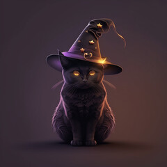 Canvas Print - Illustration of a Halloween black cat with a witch hat.	