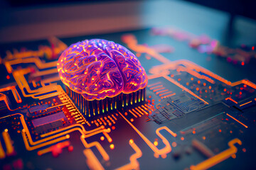 Concept of artificial intelligence. Human brain connected to electronic microcircuit, ai illustration