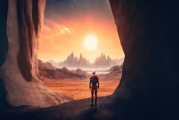 Wall Mural - A lone man in a gorgeous valley of rocks, lit by the sun and surrounded by stars in a futuristic setting. Example of a digitally painted picture. Generative AI