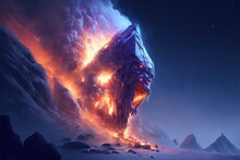 A Mind Flyer Space Ship That Has Crashed Into The Side Of A Giant Snowy Mountain, Whilst Smoke And Fire Fill The Surrounding .