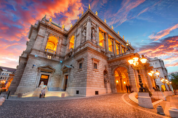 The Hungarian Royal State Opera House in Budapest, Hungary at sunset, considered one of the architect's masterpieces and one of the most beautiful in Europe.