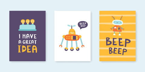 Wall Mural - prints set with cute robots for kids. poster collection for nursery with doodle colorful robots. sil