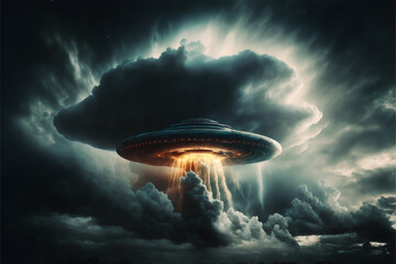 ufo among large clouds in the sky with generative ai