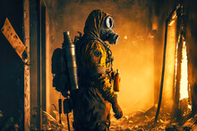 Man Wearing Gas Mask At Crash Site With Radiation Hazard