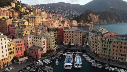 Wall Mural - Aerial view of Camogli in sunset hours