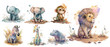 Safari Animal set elephant, monkey, giraffe, hippo, zebra, lion in watercolor style. Isolated vector illustration