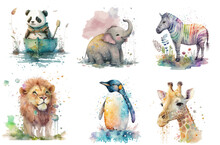 Safari Animal Set Penguin, Elephant, Panda, Giraffe, Zebra, Lion In Watercolor Style. Isolated Vector Illustration