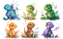 Safari Animal Set Different Colored Little Dinosaurs In Watercolor Style. Isolated Vector Illustration
