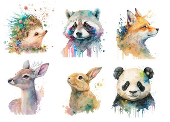 Safari Animal set Fox, fawn, rabbit, hedgehog, raccoon and panda in watercolor style. Isolated vector illustration