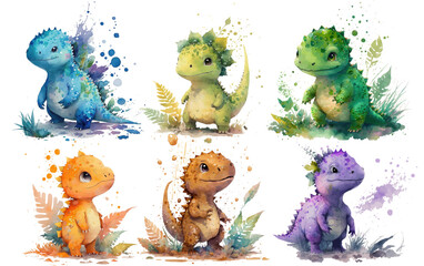 Canvas Print - Safari Animal set different colored little dinosaurs in watercolor style. Isolated vector illustration