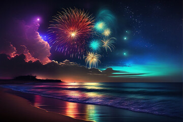 fireworks over the sea in the revelon, Made by AI, Artificial intelligence