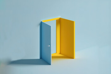 yellow blue room with opening door. Modern minimal concept. Opportunity metaphor. Generative AI