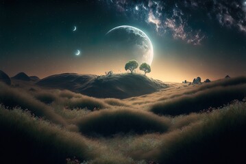 A starry night sky and a full moon create a fantastical environment. Generative AI