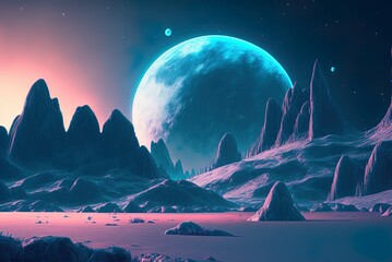 Wall Mural - Imaginative, futuristic environment with a planet, neon lights, and a frigid planet. Generative AI