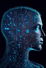 Neural Network Of Big Data And Artificial Intelligence Circuit Board In The Head And Face Of A Blue Woman Outlining Concepts Of A Digital Brain, Computer Generative AI Stock Illustration Image
