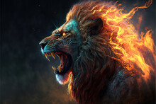 Roaring Mighty Fantasy Lion With Flames And Glowing Lights, Generative Ai