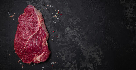 Canvas Print - Raw veal meat, beef steak on black background, Whole piece of steaks ready to cook. Long banner format. top view