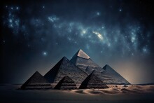 View Of The Ancient Pyramids At Night, Under A Starry Sky. Generative AI
