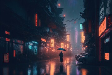 Wall Mural - Nighttime dystopian art in the style of cyberpunk wandering through a street in a future Japanese metropolis; a 4K desktop background. Downpour, gloom, and an empty tomorrow. Generative AI