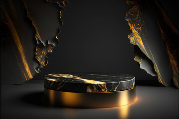 black and gold marble display podium for luxury product advertisement with a beautiful black color background with flowers, generative ai