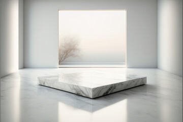 gold and white marble display podium for luxury product advertisement with a beautiful beige background, generative ai