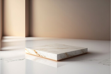 gold and white marble display podium for luxury product advertisement with a beautiful beige background, generative ai