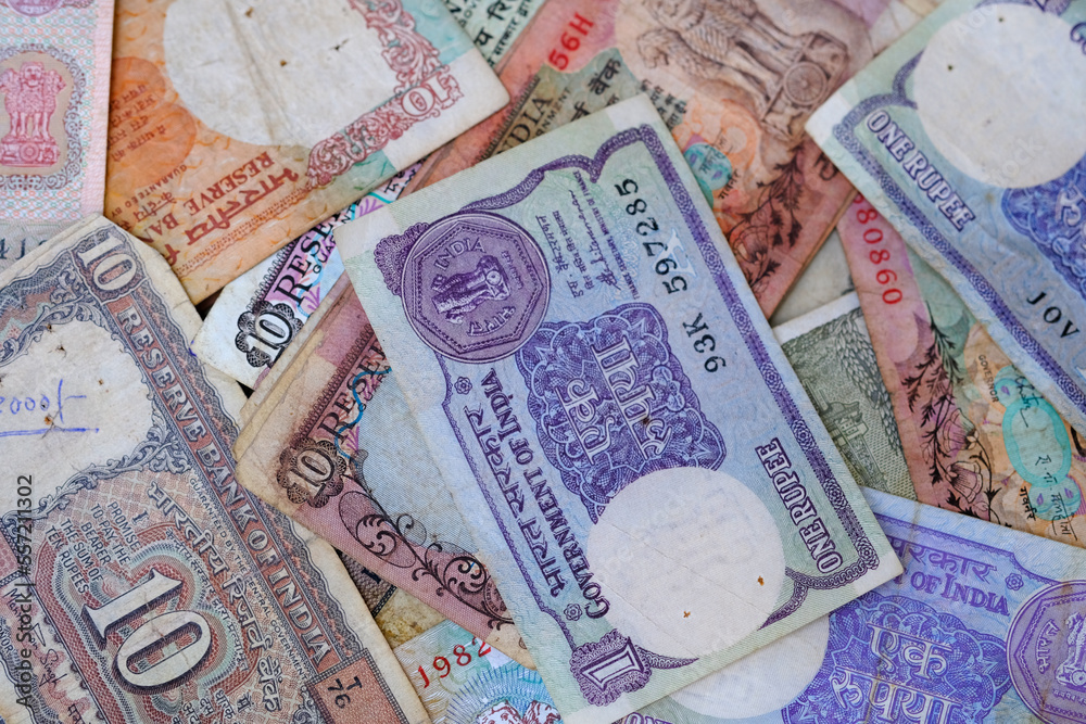 Vintage Old Indian Currency, A background of old vintage Indian currency notes.