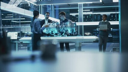 Fototapete - Software Developer, Project Manager and Machinery Operators Collaborate on a Prototype Turbine Engine, Standing with Laptop Computer in Scientific Technology Lab. Team Developing a New Electric Motor
