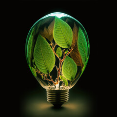 Green energu image of tree leaves growing inside an illuminated light bulb on dark black background, Generative AI