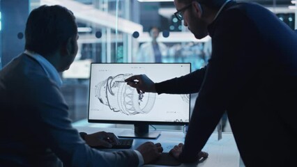 Fototapete - Two Industrial Engineers Discussing Work Projects, Talk and Use Desktop Computer in Turbine Manufacturing Facility. Specialists and Professionals Researching and Developing Innovative Jet Engine.