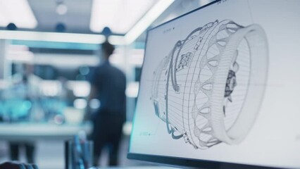 Fototapete - Close Up of a Desktop Computer Monitor Screen with 3D CAD Software with Prototype Jet Engine Project. Two Specialists Discussing Work, Their Hands Visible In Front of the Screen.