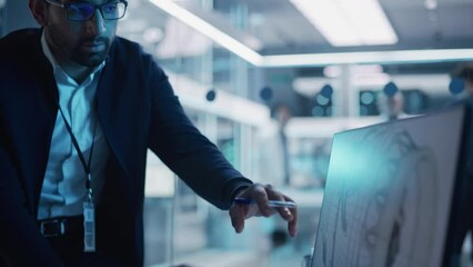 Aufkleber - Portrait of Two Engineers Discussing Work, Talk and Use Desktop Computer in Jet Engine Manufacturing Facility. Specialists Researching and Developing Innovative Turbine Motor in 3D CAD Software.