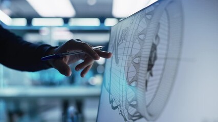 Leinwandbilder - Close Up of a Computer Monitor Display with 3D CAD Software with Prototype Turbine Motor Project. Two Professional Developers Discussing Work, Their Hands Visible In Front of the Screen.