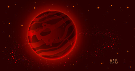 Wall Mural - Mars surface,  Night deep space background, with stars, planet and comet,  science, astronomy concept. Cartoon Mars,  red planet with craters. 