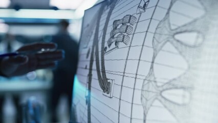 Leinwandbilder - Close Up of a Computer Monitor Screen with 3D CAD Software with Prototype Jet Engine Project. Two Professional Industrial Designers Discussing Work, Their Hands Visible In Front of the Screen.