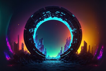 Wall Mural - A shining ring-shaped cyberspace doorway, a fantastical nighttime virtual reality road, and an abstract neon skyline. Generative AI