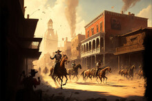 Old Western Town Illustration With Cowboys And Outlaws Fighting. Wild West Scene Of Cowboys Riding Horses Facing Off Enemies. Chaos In A Cinematic Cowboy Illustration. Generative Ai 