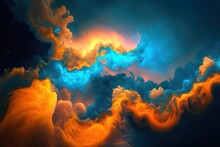 Incredible Clouds In Abstract Shades Of Blue And Orange. Fractal Backdrop With Vibrant Colors. Creating Art On A Computer. Generative AI