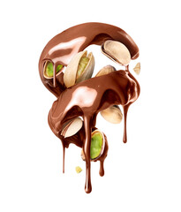 Wall Mural - Melted chocolate in a twisted shape with pistachios closeup isolated on a white background